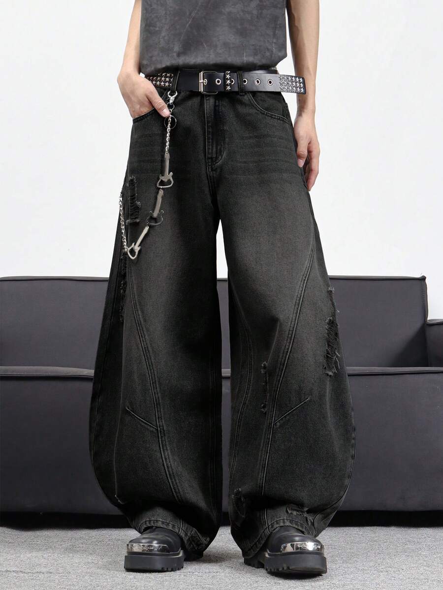 1 chiếc quần jeans nam ống rộng rách phối nhiều mảnh kiểu Nhật, quần denim dáng rộng phong cách vintage (Không bao gồm thắt lưng và phụ kiện) - màu đen - Xem 1