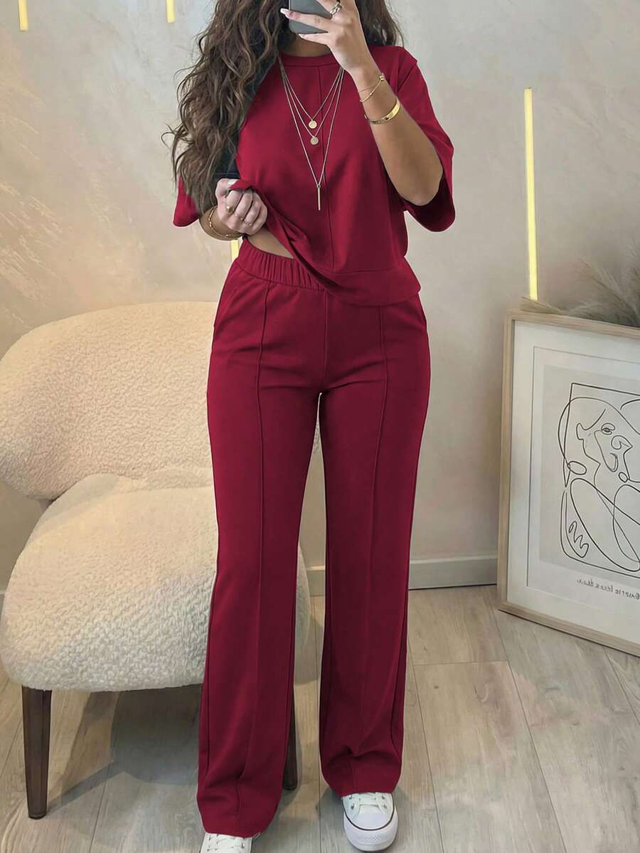 Women's 2 Pieces Set, Casual & Comfortable Solid Color Short Sleeve Top With Elastic Waist Pocket Pants, Soft Polyester-Spandex Fabric, Spring/Summer - Wine Red 1 - View 1