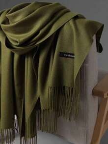 经典女士纯色流苏时尚保暖围巾，纯色休闲可爱优雅街头时尚宫廷风商务派对涤纶柔软围巾，四季皆宜围巾头巾 - A草綠色 - 查看 17
