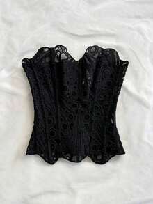 European And American Young Vacation Sexy Avant-Garde Off-The-Shoulder Lace Double-Layer Fitted Corset Bustier Top, INS White Hollow Embroidered Shapewear, Ate Night Outfits Women Tops For Going Out, Wedding Guest Dress Women Fall Women Clothes,Sexy Top - màu đen - Xem 3