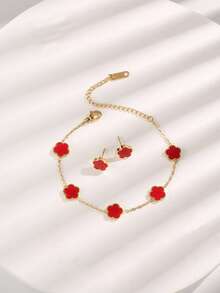 3件套不锈钢花朵装饰手链和耳环套装，适合女性日常佩戴，情人节、母亲节礼物。 - 黑色 - 查看 8