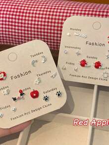 1 Set de Aretes de Perro Salchicha y Manzana Roja de Dibujos Animados, Juego de Aretes de Diseño Único para Niñas - Rojo - Ver 5