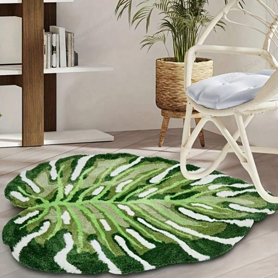1pc Green Leaf Shaped Decorative Plush Rug - Machine Washable - Suitable For Living Room, Bedroom Or Bathroom, Decorative Carpet, Bedroom Decor, Small Rug, Carpet, Home Decor, Living Room Rug, Living Room Small Rug, Bedroom Rug, Living Room Home Decor, Outdoor Rug, Washable Rug - Multicolor - View 1