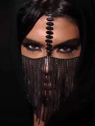 神秘珠宝头链，水晶流苏面具装饰，奢华婚礼头饰