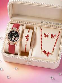 SOKI SOKI Fashionable & Elegant Butterfly Pendant Necklace, Earrings And Bracelet Set, Paired With A Heart Pattern Round Quartz Watch. Suitable For Personal Use Or Gift-Giving. No Gift Box Included. - Red - View 8