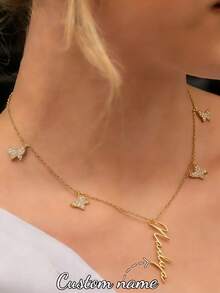 Customized White Zirconia Crown Name Necklace, Stainless Steel Plated Letter Pendant Necklace, Suitable As Gift For Women And Girls - Butterfly Necklace - View 8