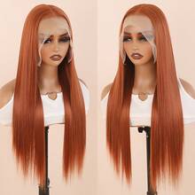 Orange Hair Glueless 13x6 HD Lace Synthetic Lace Front Wig 28 Inches Ginger Orange Baby Pink Long Straight Wigs For Women Hand Tied Pre Plucked Hairline - 亮橙色 - 查看 3