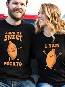 Funny Patterned T-Shirts For Couples "Sweet Potato And Yam" - Humorous Cotton T-Shirts For Him And Her, Perfect For Thanksgiving, Christmas, Valentine's Day, Men's Sports - Women/Black - View 2