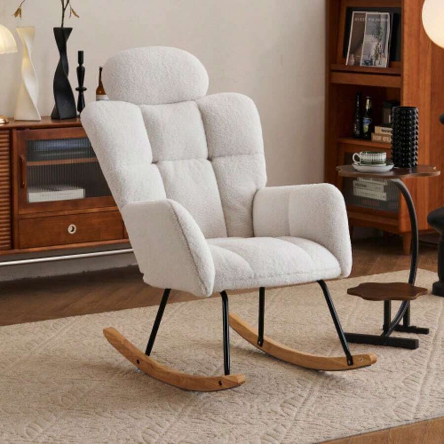 055 Soft Tedib Rocking Chair With Suede Upholstery, White - Beige - View 1