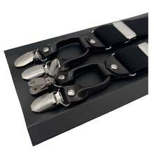 成人男士四夹亚麻圆点弹力可调节3.5厘米四夹吊带，Y型背带套装，带蝴蝶结，可调节弹力裆带 - 彩色 - 查看 2