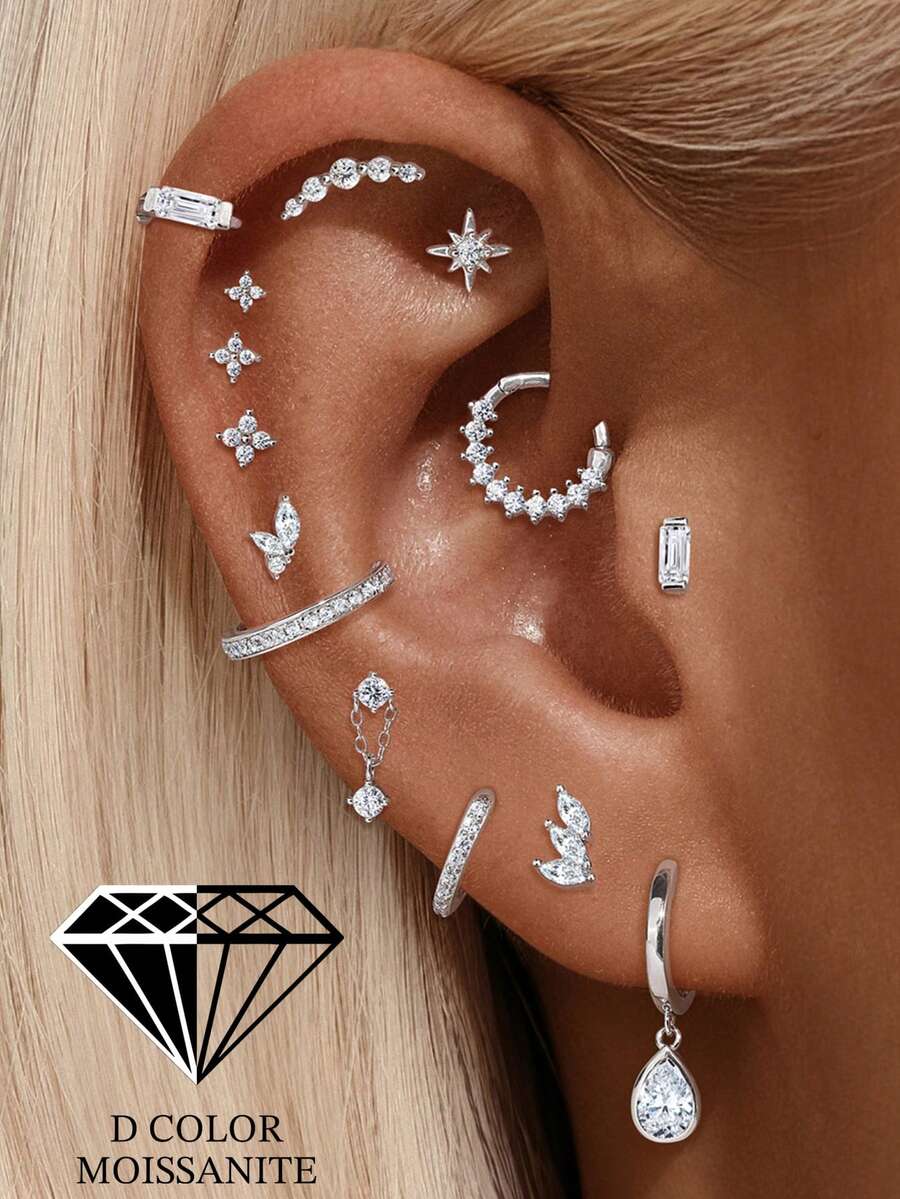 1 pièce Boucle d'oreille à tige plate en argent sterling 925 avec moissanite, hypoallergénique, pour cartilage, hélix, tragus et lobe, bijou de perçage pour femmes et hommes, port quotidien & cadeaux - Argent - Voir 1
