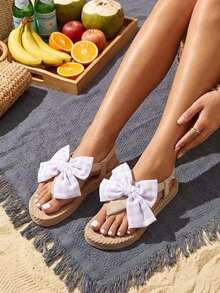planare Women's Fashion Vacation Style Casual Lightweight Comfortable Round Toe Thong Bow Slip-On Rope Flat Sandals Summer Elegant Women's Sandals Women's Flip Flops Flat Sandals Cute Sandals Flip Flops Women's Flip Flops White Flat Shoes Summer Sandals Women's Beach Sandals Comfortable Women's Shoes Women's Vacation Sandals Cute Shoes - Purple - View 3