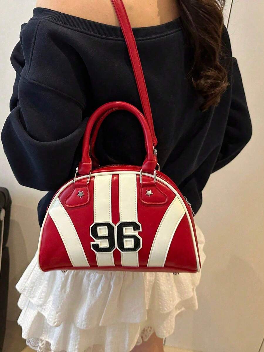 New Fashion Handheld & Shoulder Bowling Bag, Fashionable, Personalized, Streetwear, Cute, Cool, Y2K, Vintage, College, Numeric, Sports, School Bag, Suitable For Teenagers, Valentine's Day - 紅色 - 查看 1