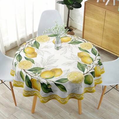 1PC Round Tablecloth, White Background With Fresh Whole & Sliced Lemons, Green Leaves & White Blossoms + Yellow Lace Trim (Bright Summer Fresh Style), Decorative Linen For Dining Table & Home Decor