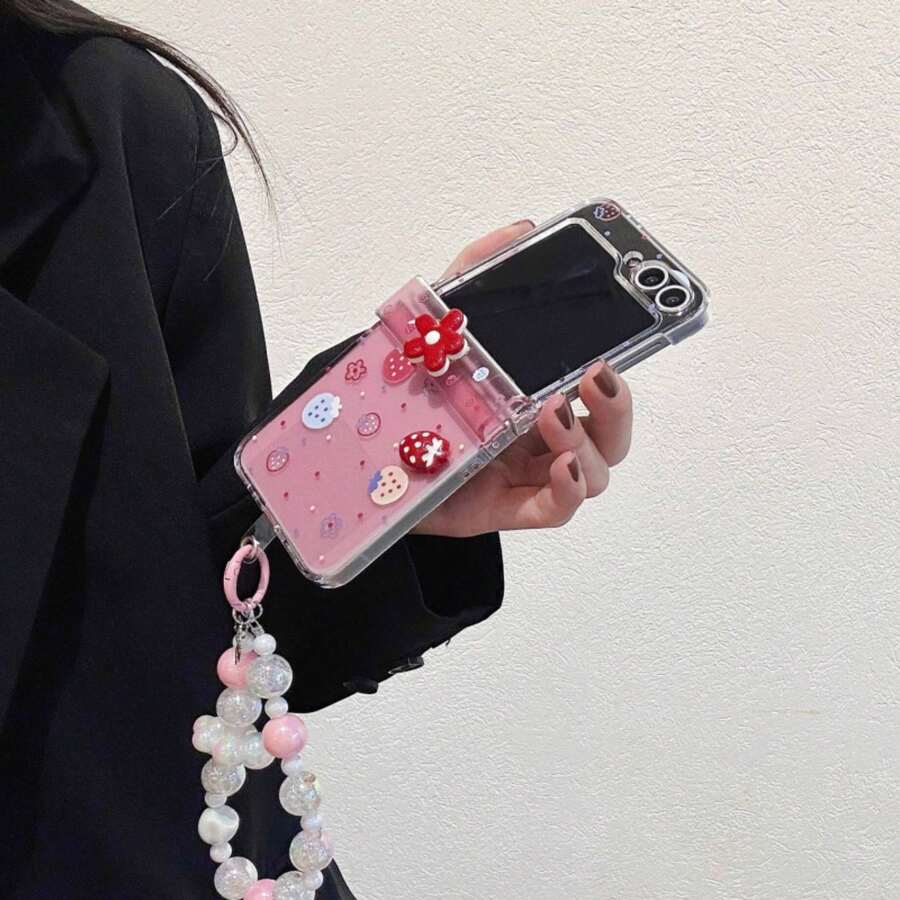 3D Strawberry Flower Folding Phone Case With Chain, Suitable For Samsung Galaxy Z Flip3 5G/Galaxy Z Flip 4 5G/Galaxy Z Flip 5 5G/Galaxy Z Flip 6 5G/Galaxy Z Flip 7 5G, Girly Folding Screen Protective Cover - Multicolor - View 1