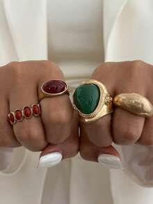 4 Stück/Set Vintage Luxus Französischer Stil Faux Edelstein Mehrschichtiges Münzen Design Ringe Schmuck für Frauen - Verschiedenfarbig - Übersicht 3