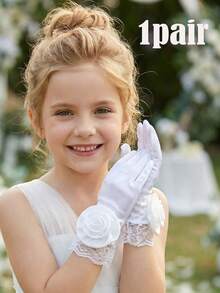 1 双 3-10 岁儿童缎面光滑弹力白色大玫瑰花手套 - 缎面花童手套，适合女孩选美、芭蕾舞表演、公主生日和婚礼，超柔软 - 1Pair - 查看 1