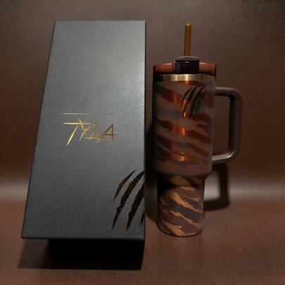 Exclusive Collaboration! Tyla 40oz Metallic Gradient Tiger Stripe Tumbler - Vacuum Insulated, Leak-Proof & Portable With Handle