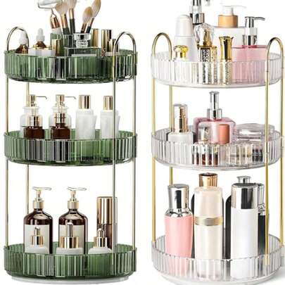 1 pieza Organizador de maquillaje giratorio de 2/3 niveles a 360°, organizador giratorio de tocador para perfumes y maquillaje, estantería giratoria para almacenamiento de especias de cocina, organizador de vanidad de gran capacidad para cosméticos y cuidado de la piel, desmontable, adecuado para baño, tocador y encimera de cocina (la bandeja viene en colores surtidos), decoración de sala de maquillaje, bolsa de maquillaje, esencial de viaje