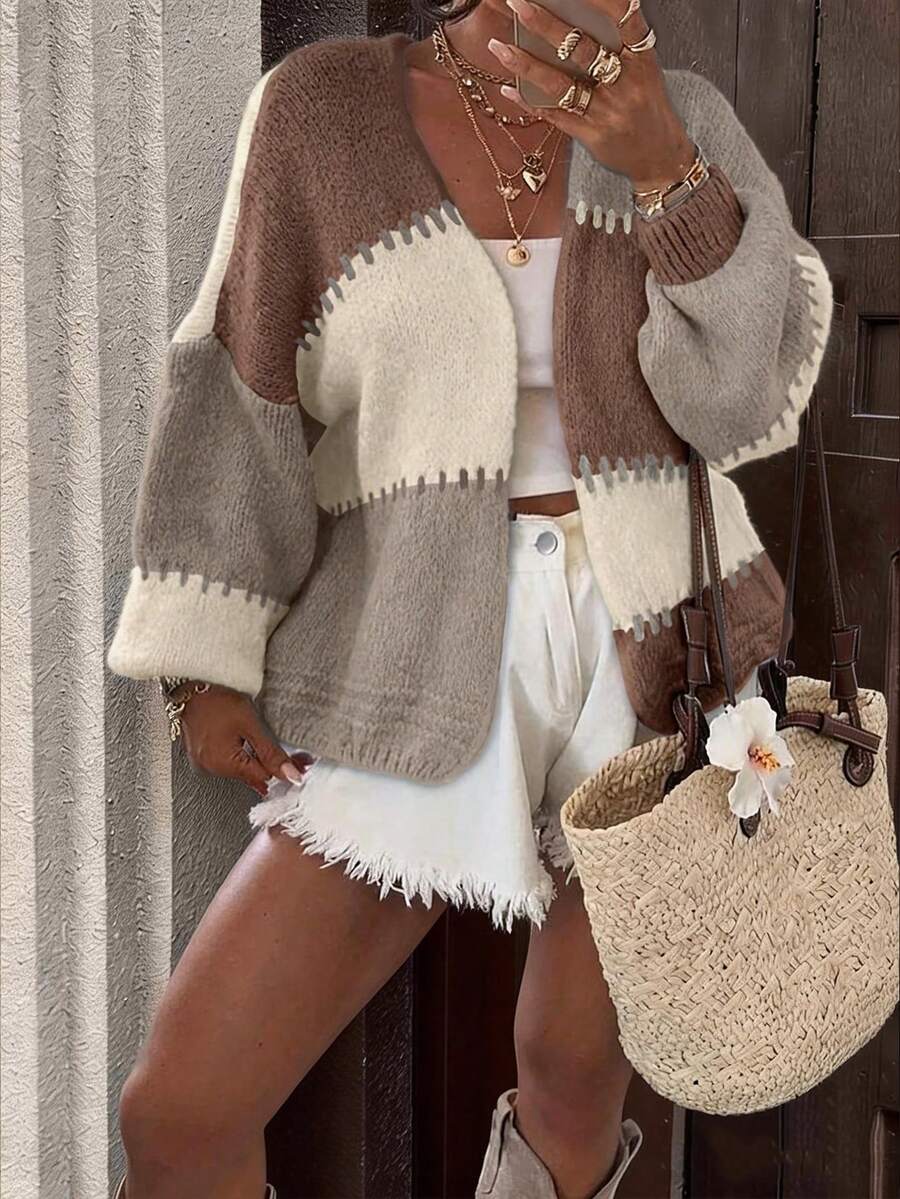 Women's Color Block V-Neck Long Sleeve Sweater, Patchwork Color Contrast Design, For Autumn/Winter, Suitable For Casual, Streetwear, Outerwear - Multicolor - View 1