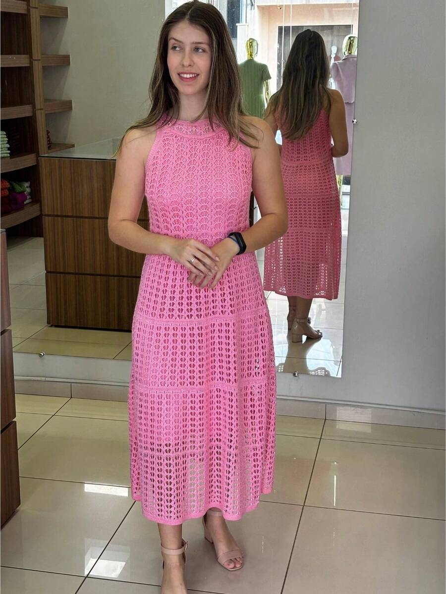 Women's Elegant Midi Knit Dress With Lining, Long, For Summer Parties, Weddings, Beach Dates, Graduations - Hồng nhạt - Xem 1