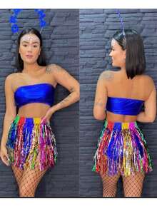 Carnaval Saia Fitilho Feminino Metalizado Festa Carnaval Bloquinho Folia Fantasia - Multicolorido - Visão 1