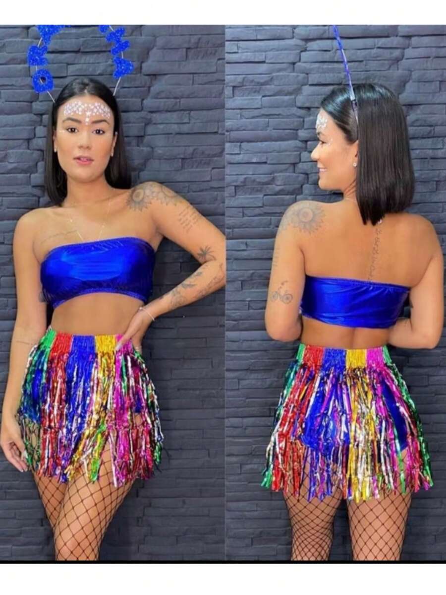 Carnaval Saia Fitilho Feminino Metalizado Festa Carnaval Bloquinho Folia Fantasia - Multicolorido - Visão 1