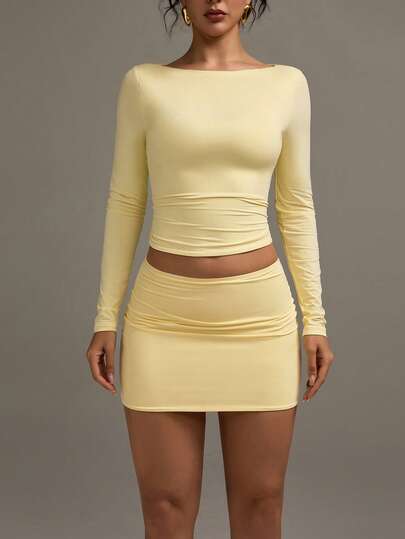 XLLAIS Women's Y2k Sexy Hot Girl Style Basic Yellow Tops Casual High Stretch Double Layer Boat Neck Long Sleeve Slim Fit T-Shirt Spring Summer Vacation