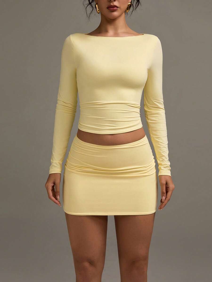 XLLAIS Women's Y2k Sexy Hot Girl Style Basic Yellow Tops Casual High Stretch Double Layer Boat Neck Long Sleeve Slim Fit T-Shirt Spring Summer Vacation - View 1