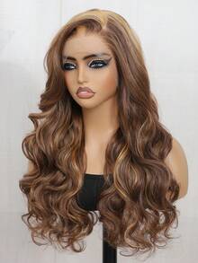 13x6蕾丝前假发，蓬松长卷曲合成耐热发，适合女性日常、派对、化妆、节日、婚礼、万圣节、圣诞节、新年庆祝活动等场合，颜色：自然深棕色混棕色 - 彩色 - 查看 4