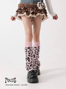 polve 1 Pair Y2K Subculture Style Autumn/Winter Flared Fuzzy Leg Warmers, Pink Leopard Print Knit Leg Warmers - Knitted Leopard Print - View 3