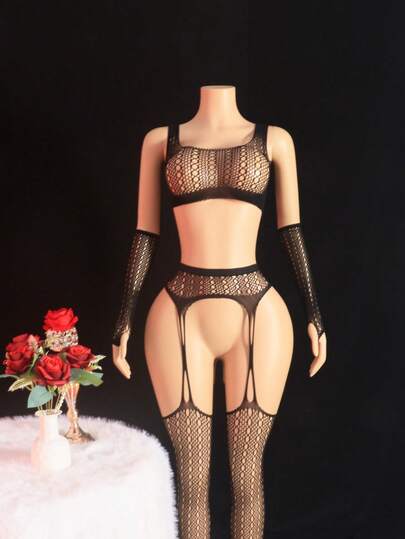 3pcs Women's Black Hollow Out Mesh Camisole, Sheer Pantyhose, Sleeve Garter Sexy Lingerie Set