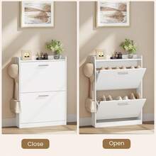 White Shoe Cabinet Organizer With 2 Flip Drawers,Freestanding Shoe Rack Cabinet,Narrow Shoe Cabinet Storage For Entryway,Foyer, Hallway - White - View 3