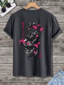 AnChiStreetwear - 大码男士时尚街头风樱花龙印花宽松短袖T恤 - 灰色 - 查看 2
