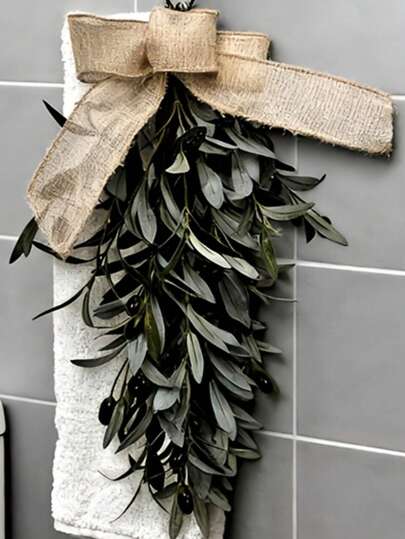 Artificial Olive Branch Hanging Bouquet, Linen Bow Decor, Simple Natural Style Wall Hanging Accessory. The Branches And Leaves Are Naturally Spread Out, Complemented By Realistic Black Olives To Recreate A Fresh Greenery Feel; The Top Is Decorated With A Large Linen Bow, Simple And Rustic Yet Relaxed In Style; Can Be Hung On The Wall Or Entryway Using The Hook, Suitable For Minimalist And Light Luxury Home Decor, Maintenance-Free To Create A Natural Ambiance For The Space, A Versatile Soft Furnishing Accessory To Enhance The Room Aesthetic.