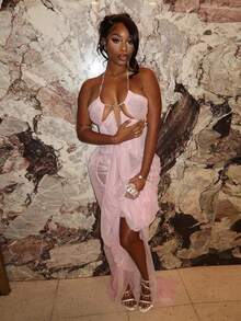 Vacation Outfits Women Women's Vacation Mesh Low - Cut Halter Dress Sexy And Stylish Beachwear - 粉色 - 查看 5