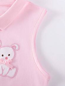 小女孩无袖polo衫连衣裙，兔子刺绣，棉质荷叶边下摆，A字裙 - 粉色 - 查看 8