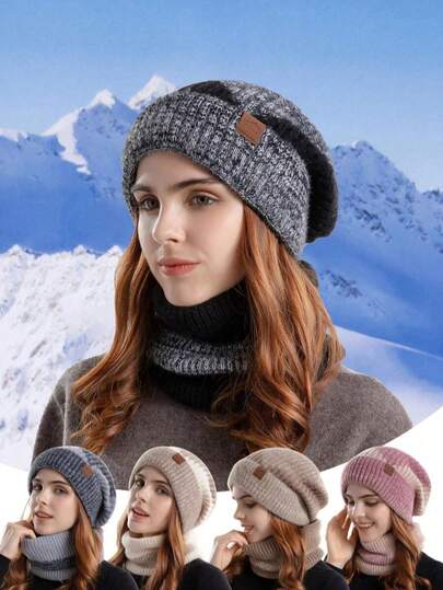 1 Set Women's Dual-Tone Thick Knit Hat And Scarf 2-Piece Set, Super Soft & Skin-Friendly, High Elasticity Windproof & Warm, Suitable For Autumn/Winter Outdoor Cycling And Commuting, Multi-Functional Warm Accessory