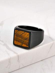 1件男士简约天然虎眼石黑色雕刻几何戒指首饰 - 黑色 - 查看 6
