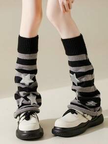 1双女士长筒腿套，学院风宽松过膝腿套，针织亚文化纯色条纹五角星垂坠腿套，适合日常和假日穿着 - 彩色 - 查看 2