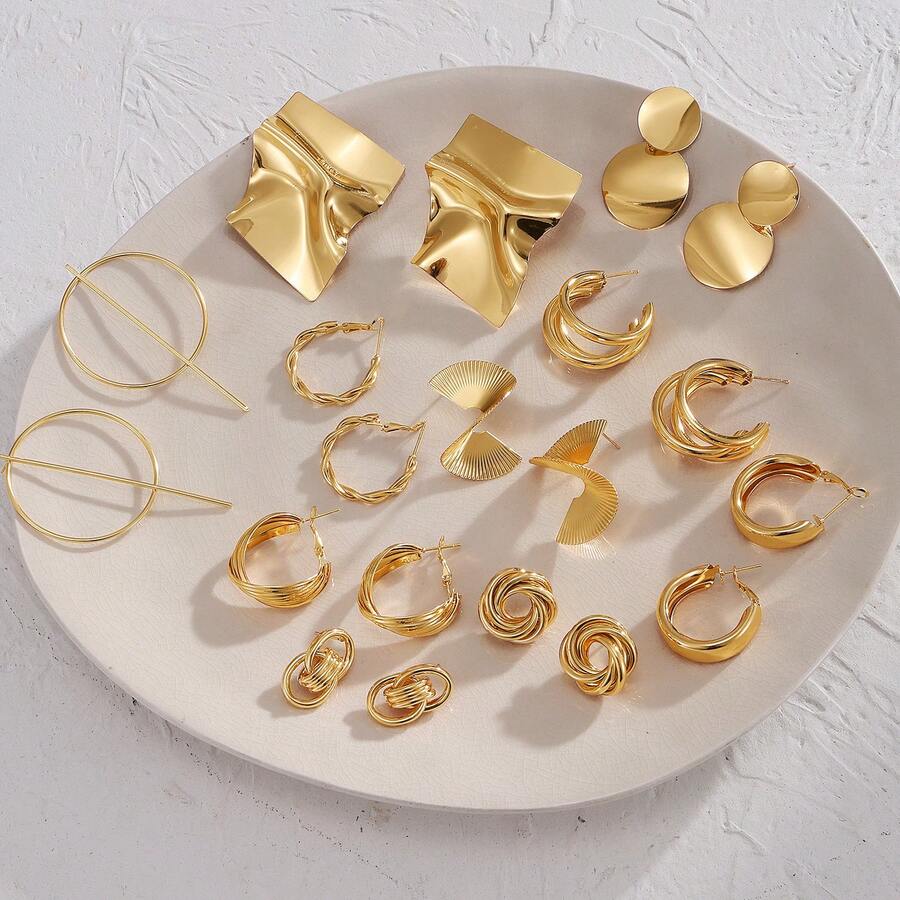 10pcs/Set Minimalist Metal Geometric Earring Combo, Mixed Earring Set, Suitable For Women, Jewelry Gift, Daily Matching - Gold - View 1
