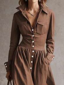 HUTENER Vintage V-Neck Ruched Waist Loose Slit Long Sleeve Dress, French Retro Style, Suitable For Countryside Themed Party Elegant Spring - Brown - View 2