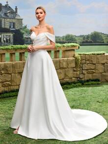 Lace Long Sleeve Satin Wedding Dress With Large Train, White Bridal Gown For Church Wedding, Intimate Wedding - White - View 9