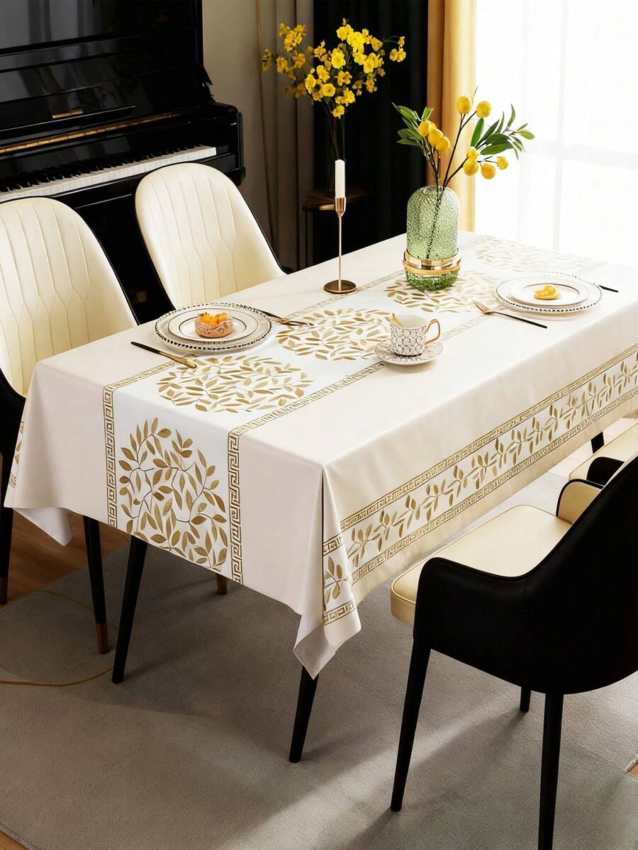 复古金色图案PVC加厚纹理桌布，高端防水耐热家用餐桌装饰布