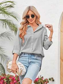 Womens Long Sleeve Button Down Cotton Linen Shirt Blouse Loose Fit Casual V-Neck Tops - 灰色 - 查看 4