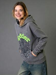 Men's Y2K Hoodie Hip Hop Spider Web Lettering Printed Sweatshirt - Gray 1 - View 3