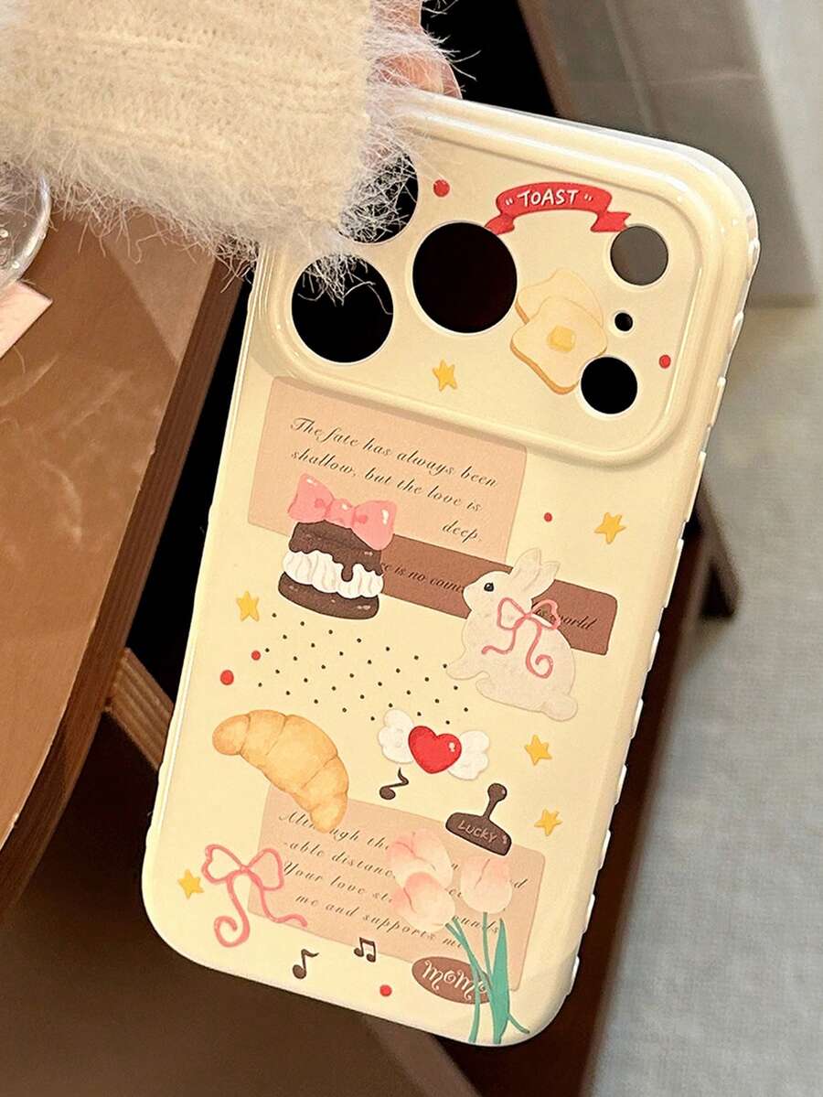 可爱卡通兔子角拼贴手机壳，适用于苹果17 Pro Max/16 Pro新款15英寸手机壳，女士14/13英寸手机壳，防摔11/17英寸手机壳，柔软保护套 - 柚子白 - 查看 1