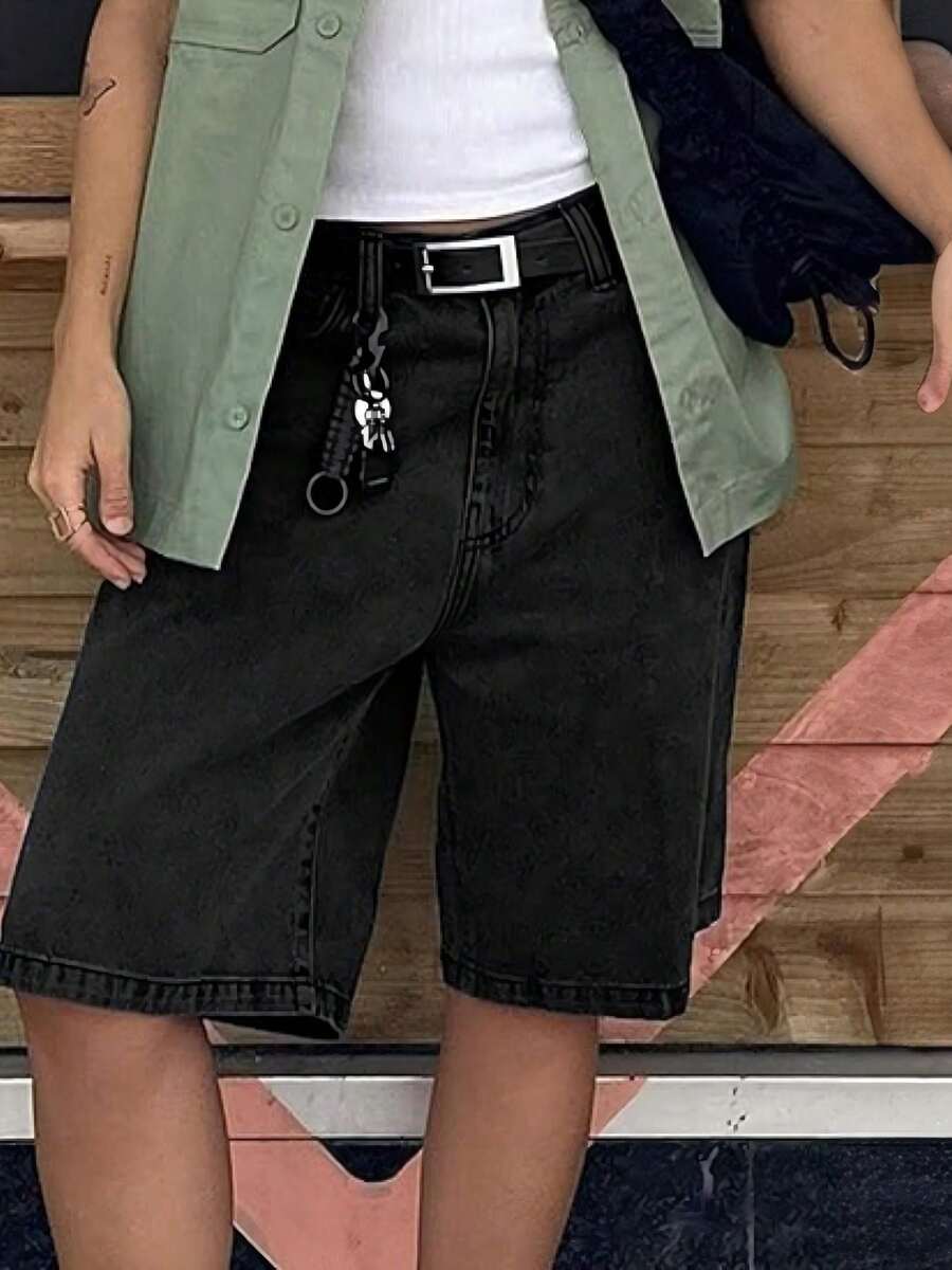Women Jorts Baggy Jeans Jorts Outfits Mid-Low Waisted Denim Y2K Shorts Summer Hot Short Pants Streetwear - 黑色 - 查看 1