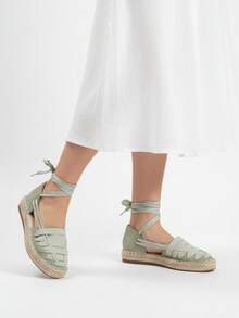 Soraia 女士平底草編鞋，踝帶設計 - 波西米亞風黃麻涼鞋，包頭交叉設計，適合夏季、海灘和度假穿著 - 橄欖綠 - 查看 2