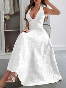 Unadoll 女士性感露背吊带连衣裙，3D提花面料，优雅款式，适合晚宴、约会、学校开学典礼、鸡尾酒会、婚礼、圣诞节、感恩节等场合，白色夏季款 - 白色 - 查看 11